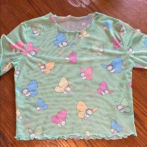 Charming Cat Rainbow Fairy Pride Print Women's Long Sleeves Mesh Tee Green M